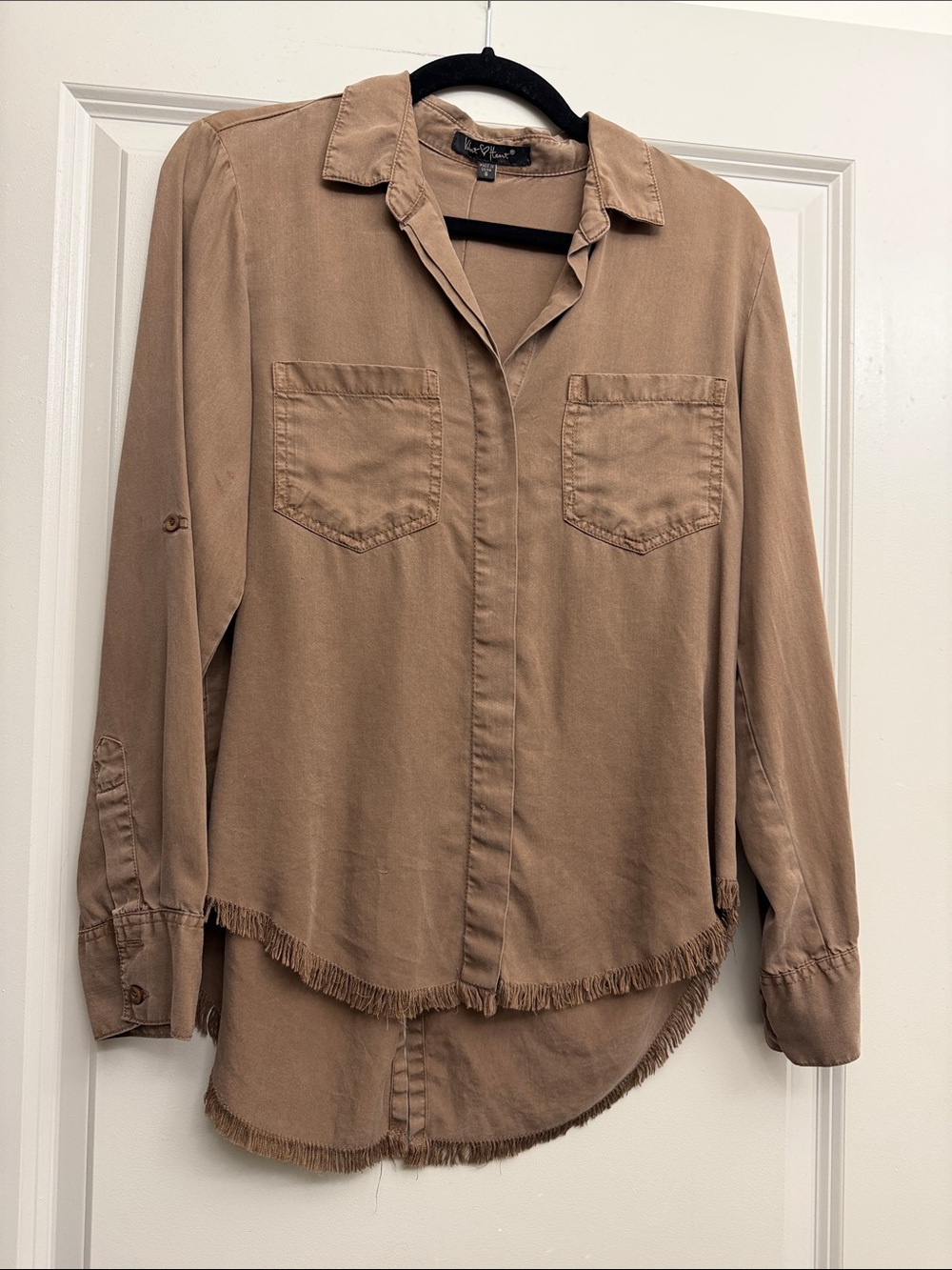 Velvet Heart Tan Button-Down Shirt with Fringe Hem